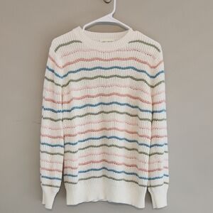 Lovely Melody White Crewneck Sweater with Blue, Pink & Green Stripes